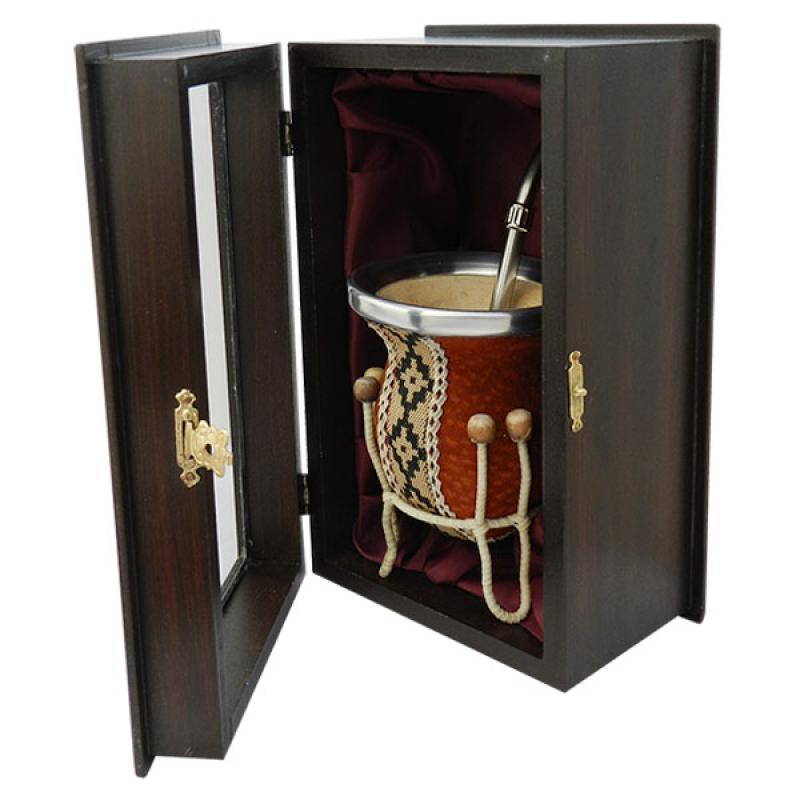 Mate De Vuelo De Calabaza Recubierto en Cuero Carpincho y Guarda Pampa MAT017 Bombilla Acero Inox BOM680 con Caja Fina