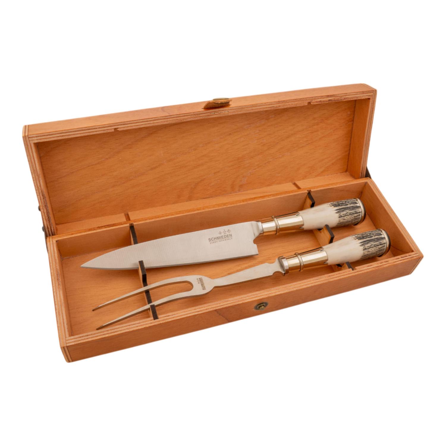 Juego De Cubiertos Individual Cuchillo Y Tenedor De 18 Cm Ciervo Y Alpaca En Caja Madera Fina Cedro Lustrado