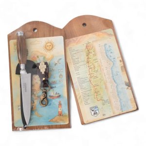 Juego de Cuchillo 14 cm Marca Schmieden Madera y virolasLlavero de cuero Y tabla Madera en Blister